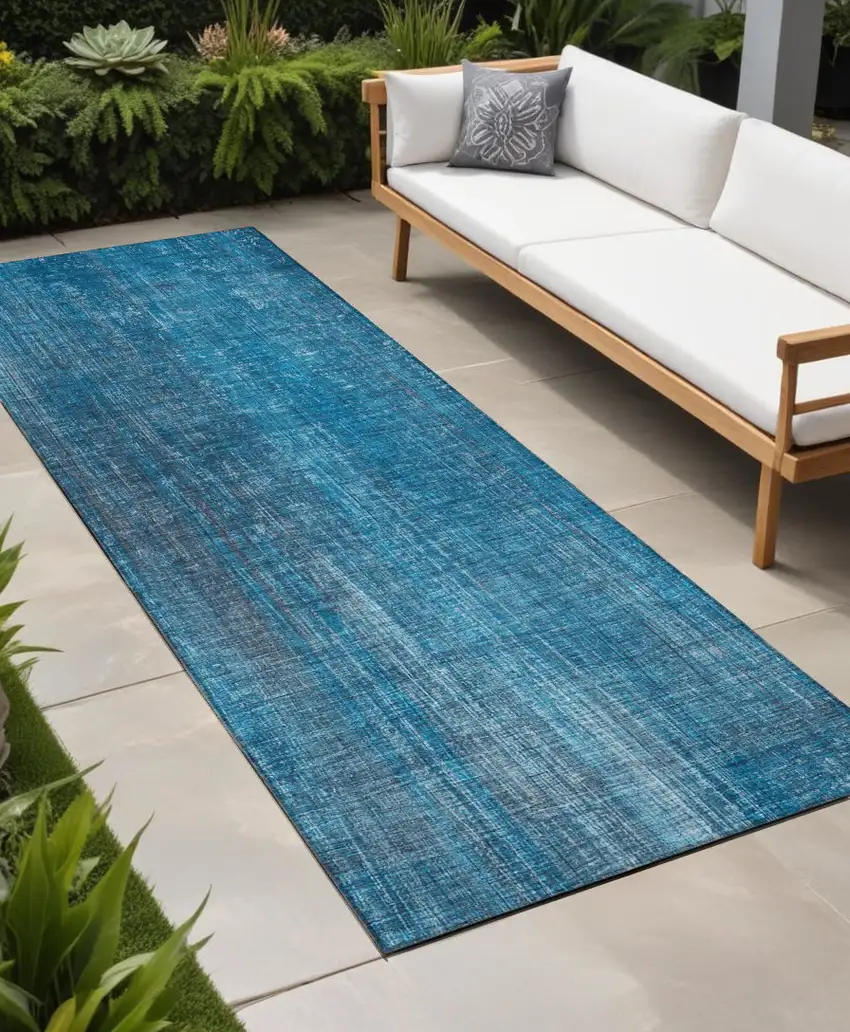 Blue Striped Washable Non Skid Indoor Outdoor Runner Rug Photo 1