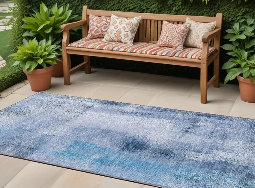 Blue Washable Non Skid Indoor Outdoor Runner Rug Photo 1