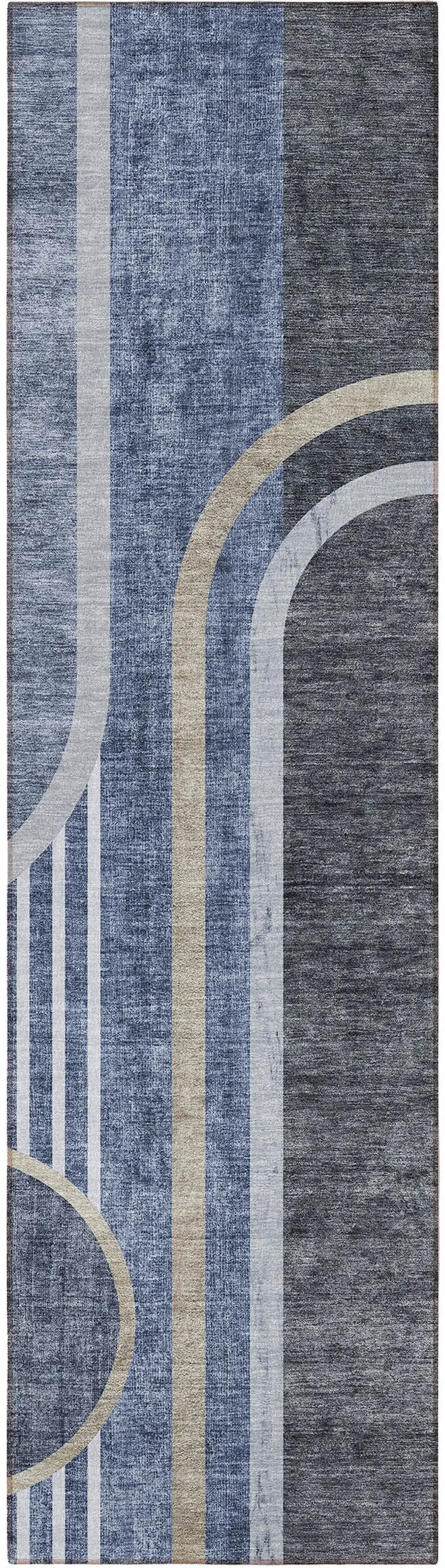 8' Runner Blue and Black Abstract Washable Non Skid Indoor Outdoor Runner Rug Photo 3