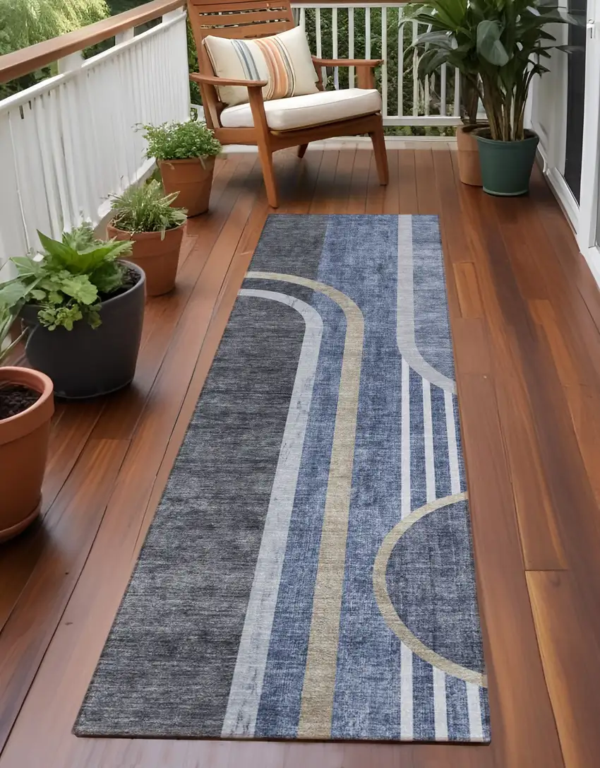 Blue and Black Abstract Washable Indoor Outdoor Runner Rug Photo 1