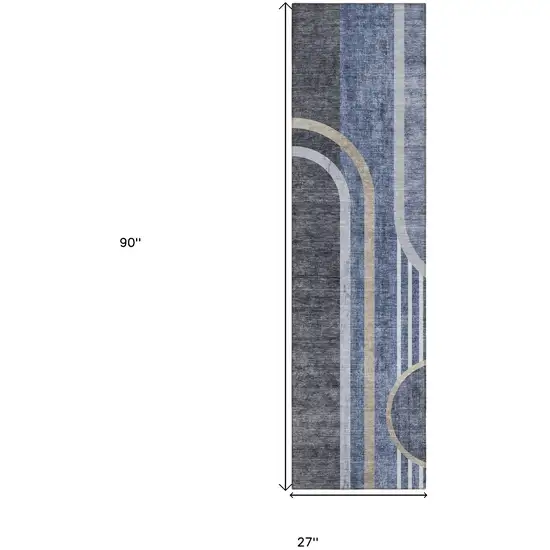 Blue and Black Abstract Washable Indoor Outdoor Runner Rug Photo 3