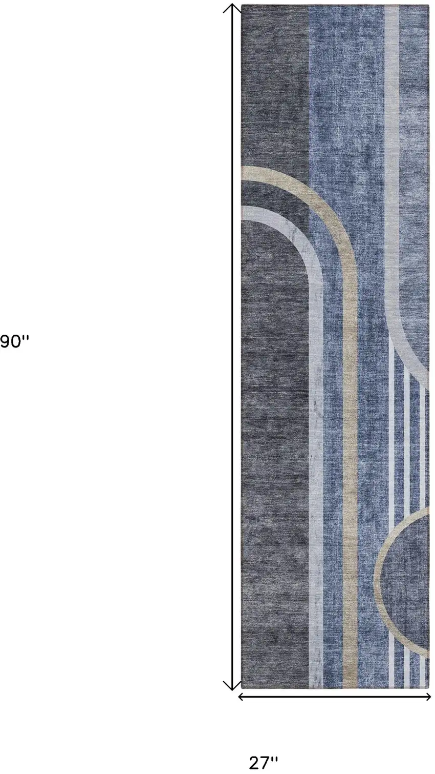 Blue and Black Abstract Washable Indoor Outdoor Runner Rug Photo 3