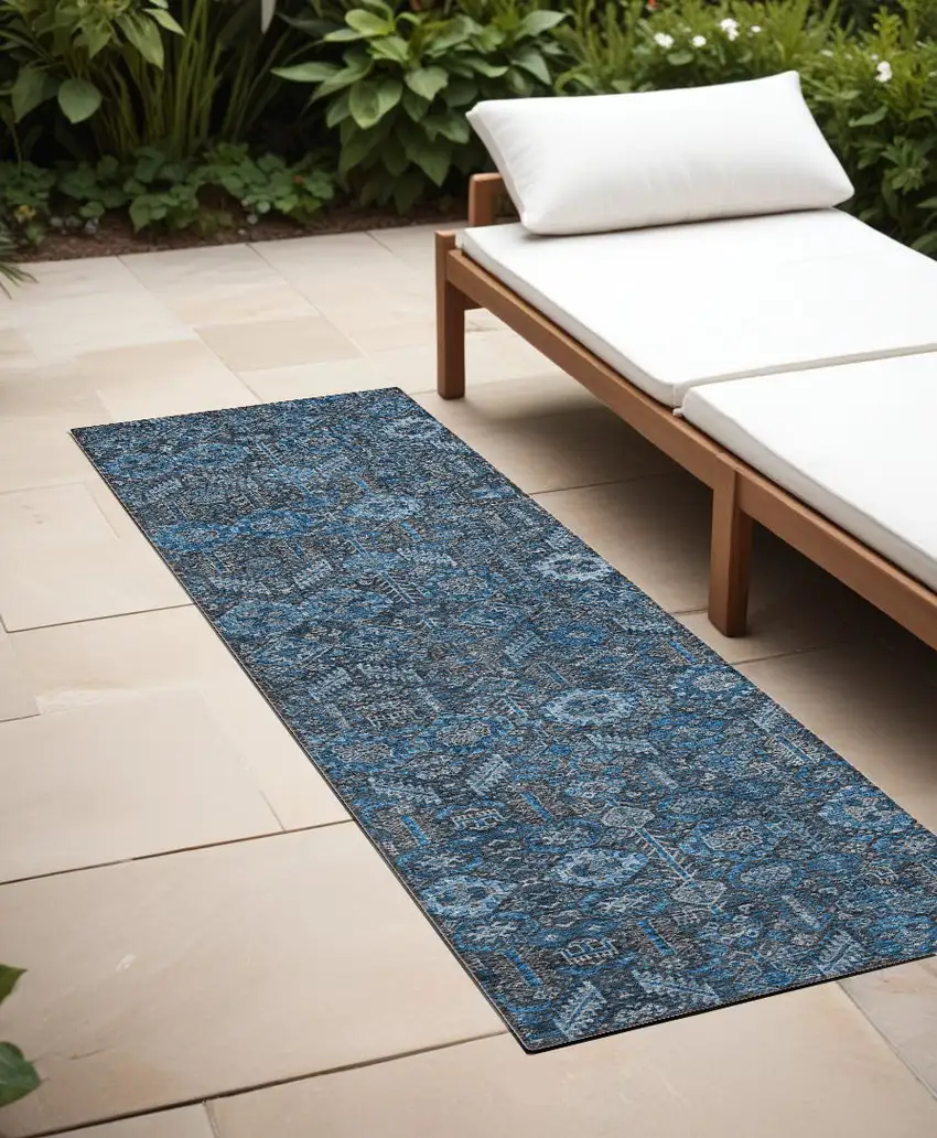 Blue and Black Floral Washable Non Skid Indoor Outdoor Runner Rug Photo 1