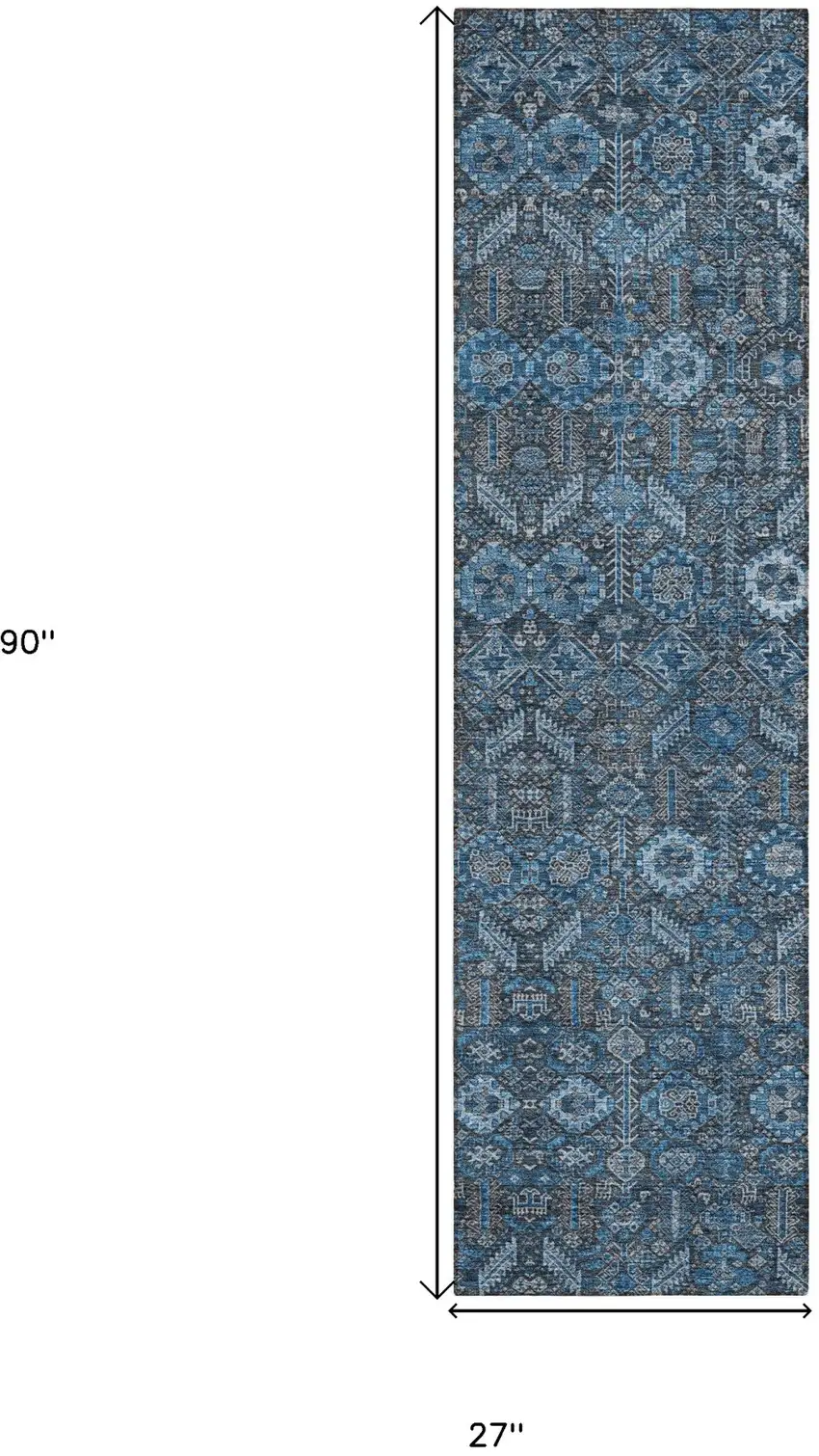 Blue and Black Floral Washable Non Skid Indoor Outdoor Runner Rug Photo 3