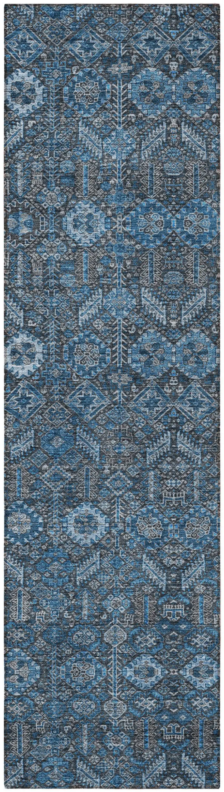 Blue and Black Floral Washable Non Skid Indoor Outdoor Runner Rug Photo 5