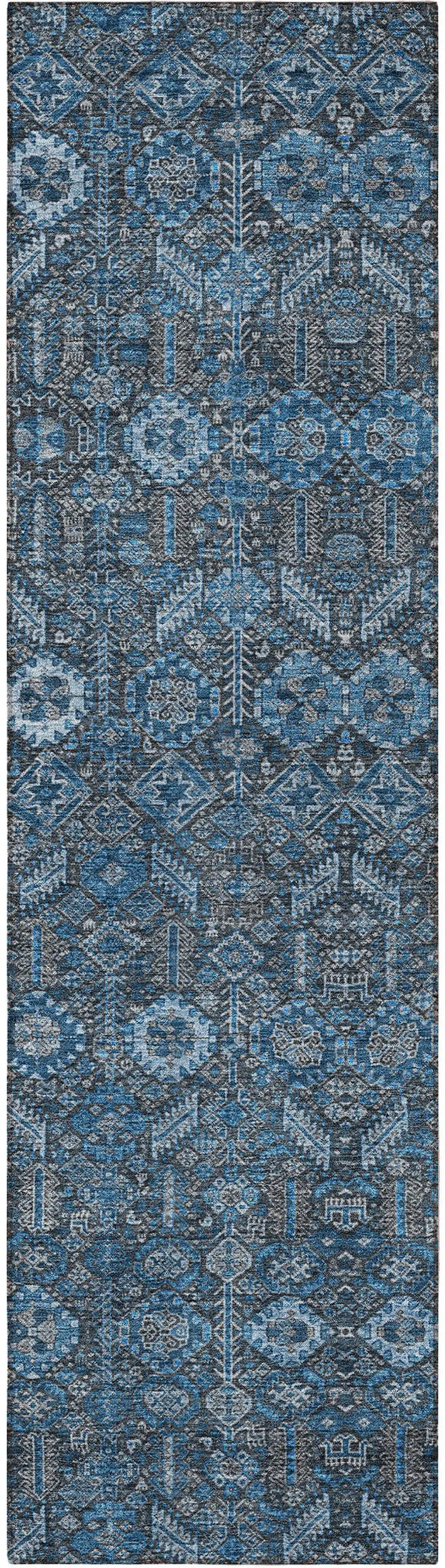 8' Runner Blue and Black Floral Washable Non Skid Indoor Outdoor Runner Rug Photo 4