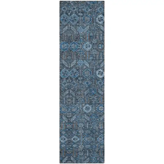 8' Runner Blue and Black Floral Washable Non Skid Indoor Outdoor Runner Rug Photo 2