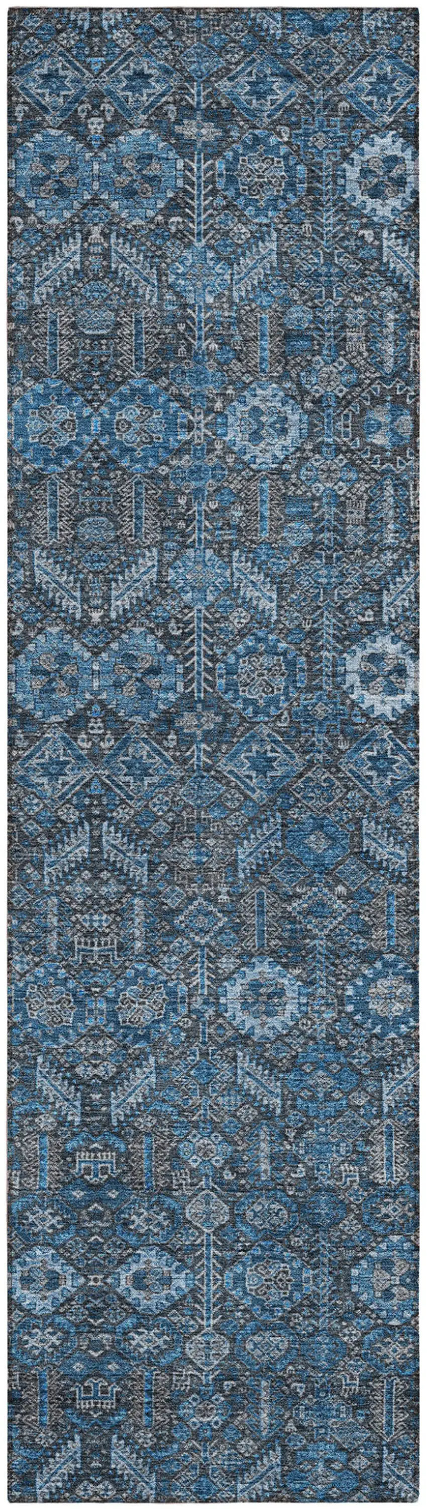 8' Runner Blue and Black Floral Washable Non Skid Indoor Outdoor Runner Rug Photo 2