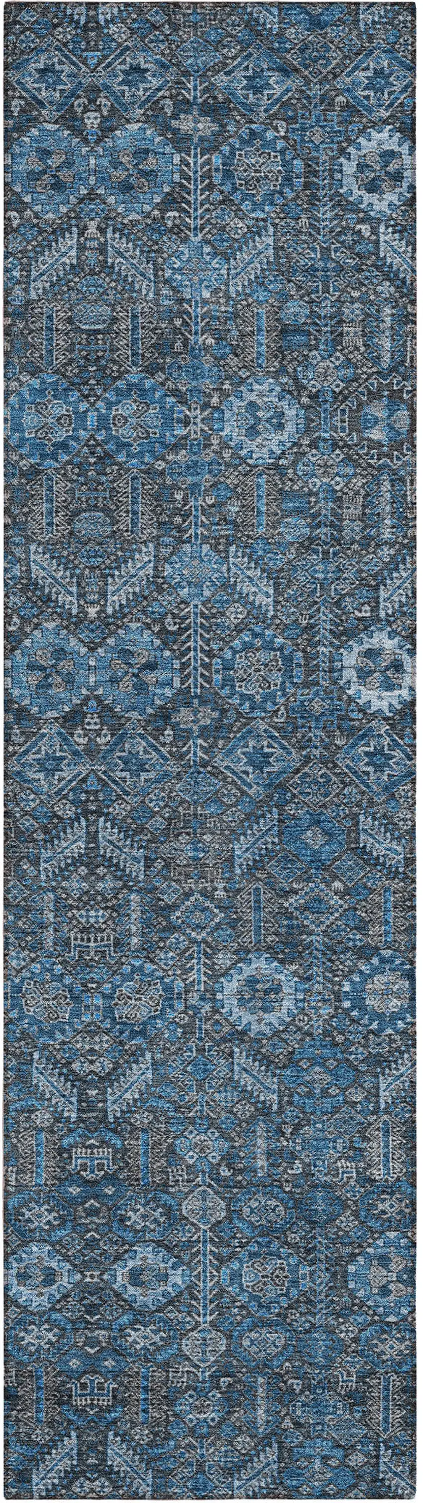 8' Runner Blue and Black Floral Washable Non Skid Indoor Outdoor Runner Rug Photo 2