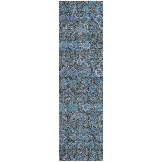 Blue and Coffee Floral Washable Non Skid Indoor Outdoor Runner Rug Photo 2