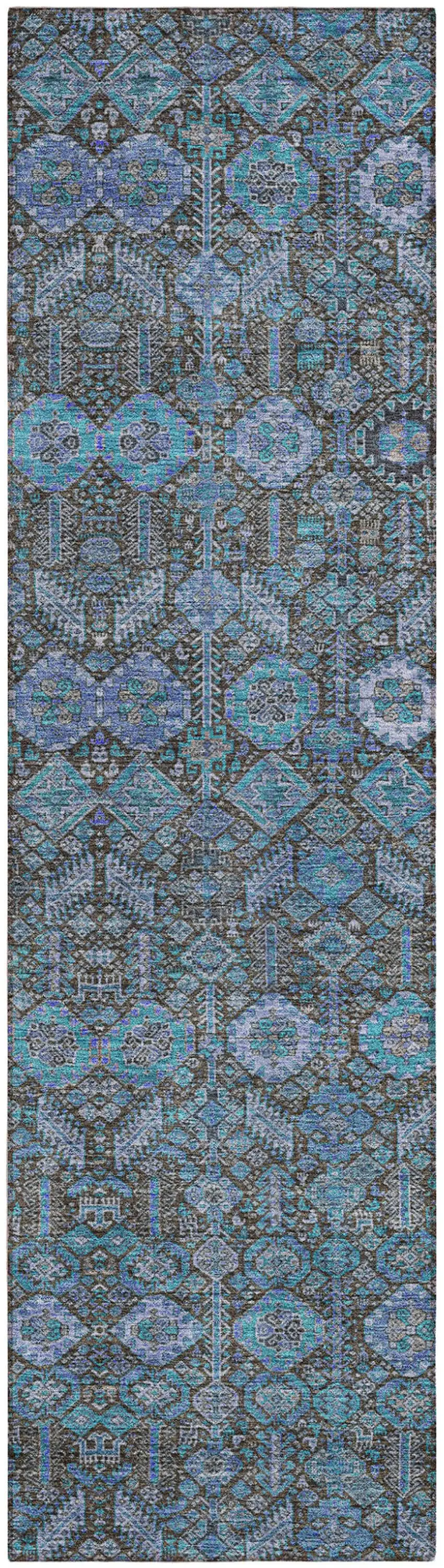 Blue and Coffee Floral Washable Non Skid Indoor Outdoor Runner Rug Photo 2
