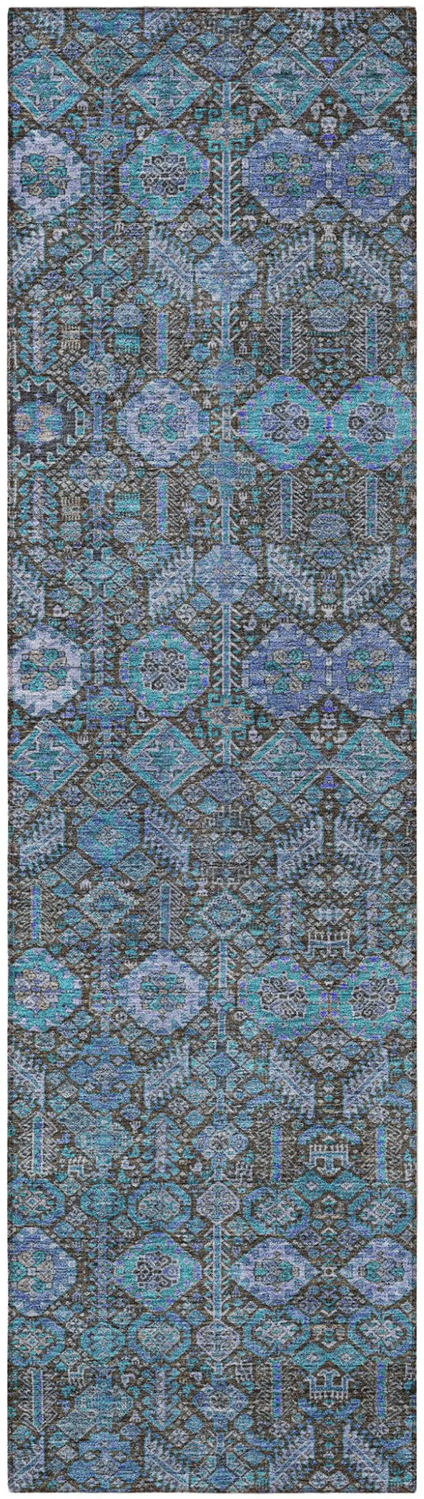 Blue and Coffee Floral Washable Non Skid Indoor Outdoor Runner Rug Photo 4