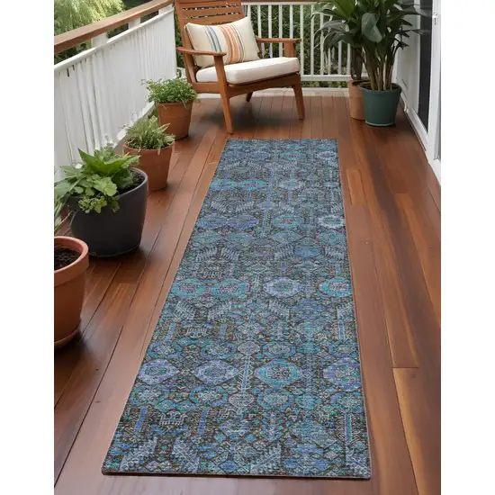 Blue and Coffee Floral Washable Non Skid Indoor Outdoor Runner Rug Photo 1