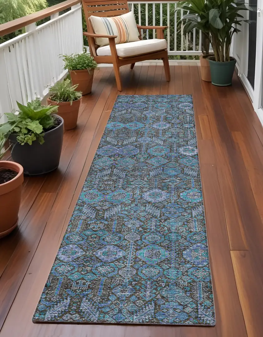 Blue and Coffee Floral Washable Non Skid Indoor Outdoor Runner Rug Photo 1
