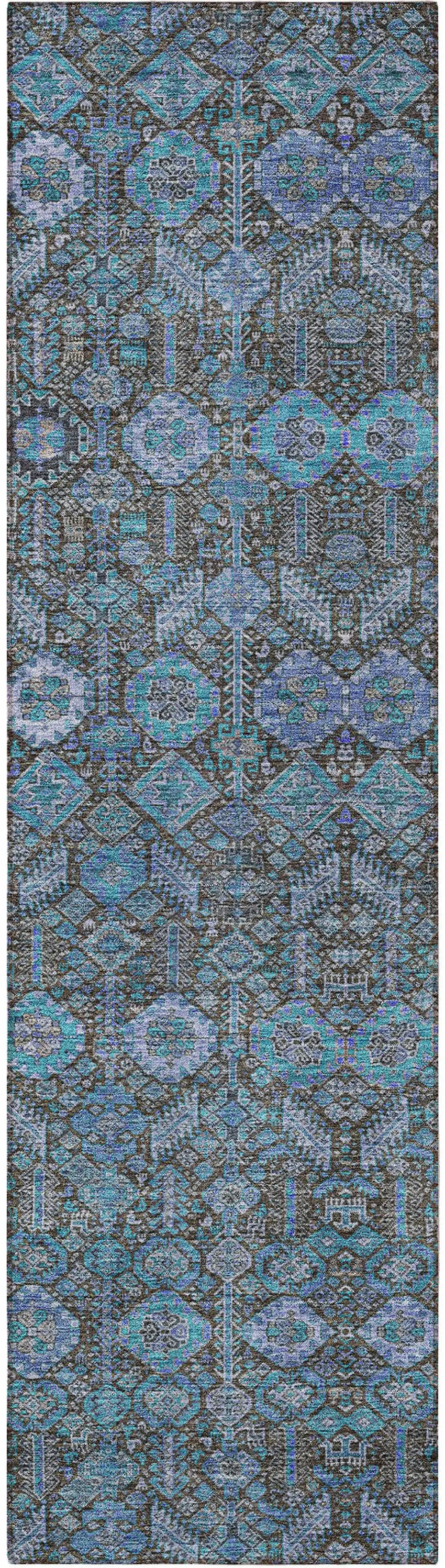 8' Runner Blue and Coffee Floral Washable Non Skid Indoor Outdoor Runner Rug Photo 5