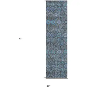 Photo of 8' Runner Blue and Coffee Floral Washable Non Skid Indoor Outdoor Runner Rug