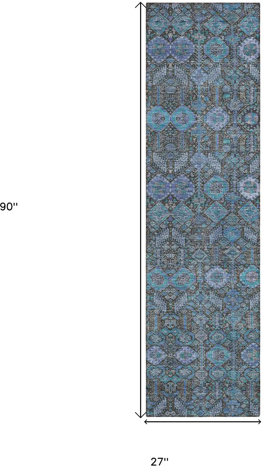 8' Runner Blue and Coffee Floral Washable Non Skid Indoor Outdoor Runner Rug Photo 3