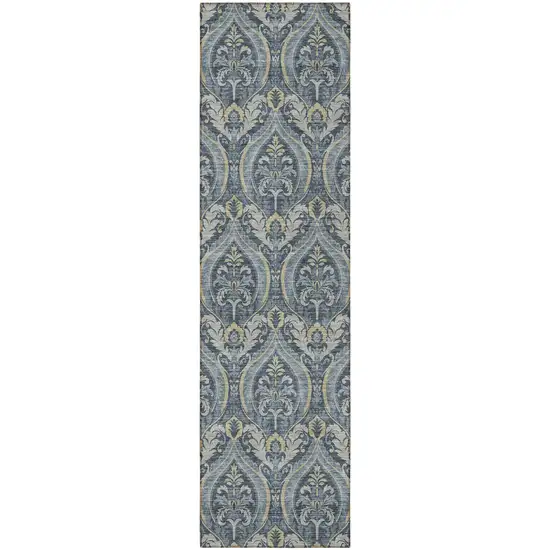 8' Runner Blue and Cream Damask Washable Non Skid Indoor Outdoor Runner Rug Photo 4