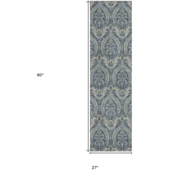 Blue and Cream Damask Washable Non Skid Indoor Outdoor Runner Rug Photo 9