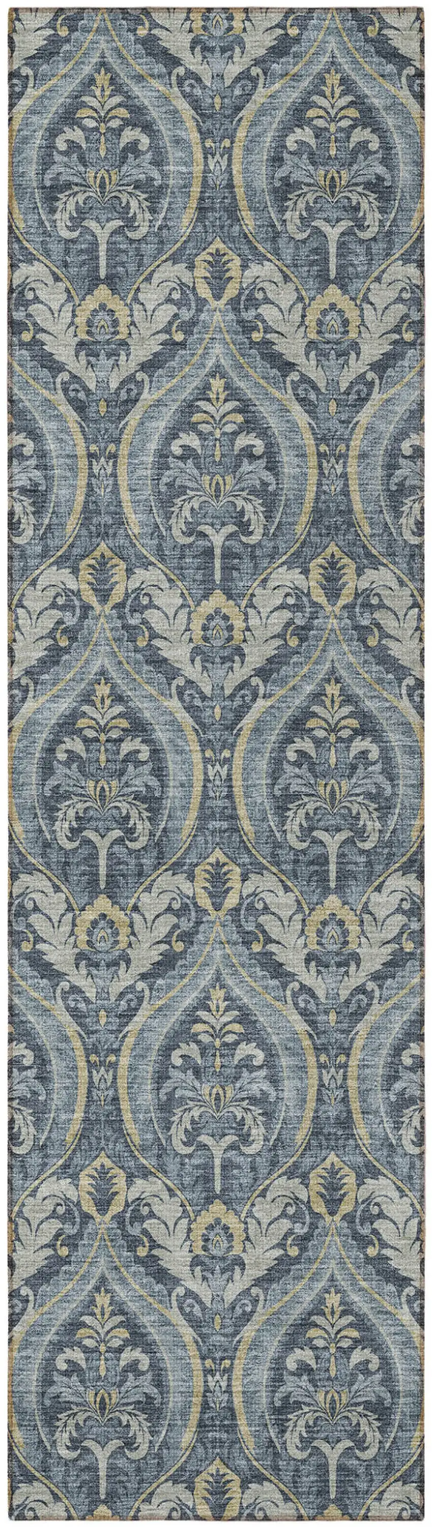 8' Runner Blue and Cream Damask Washable Non Skid Indoor Outdoor Runner Rug Photo 5