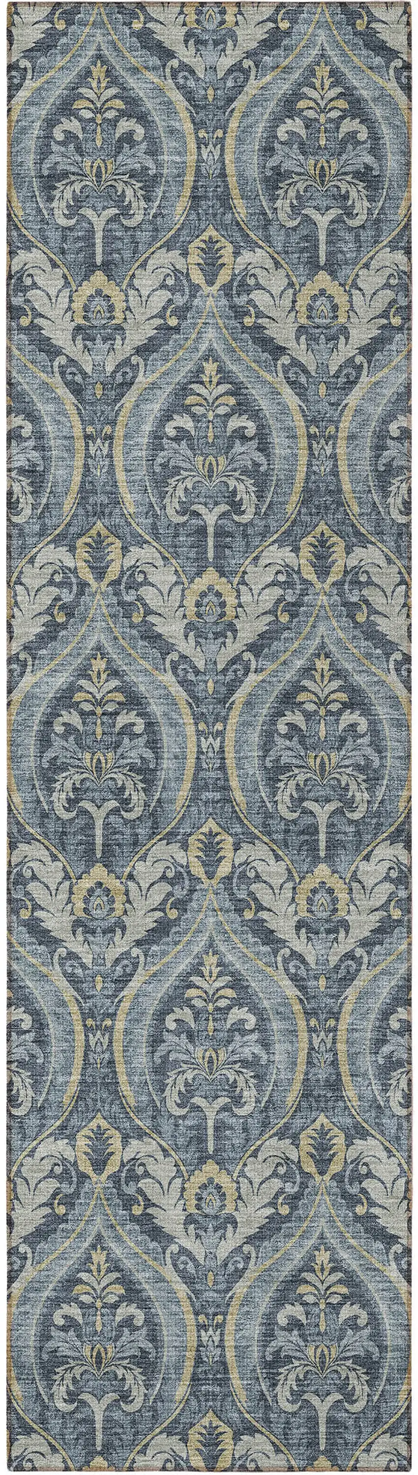 8' Runner Blue and Cream Damask Washable Non Skid Indoor Outdoor Runner Rug Photo 5