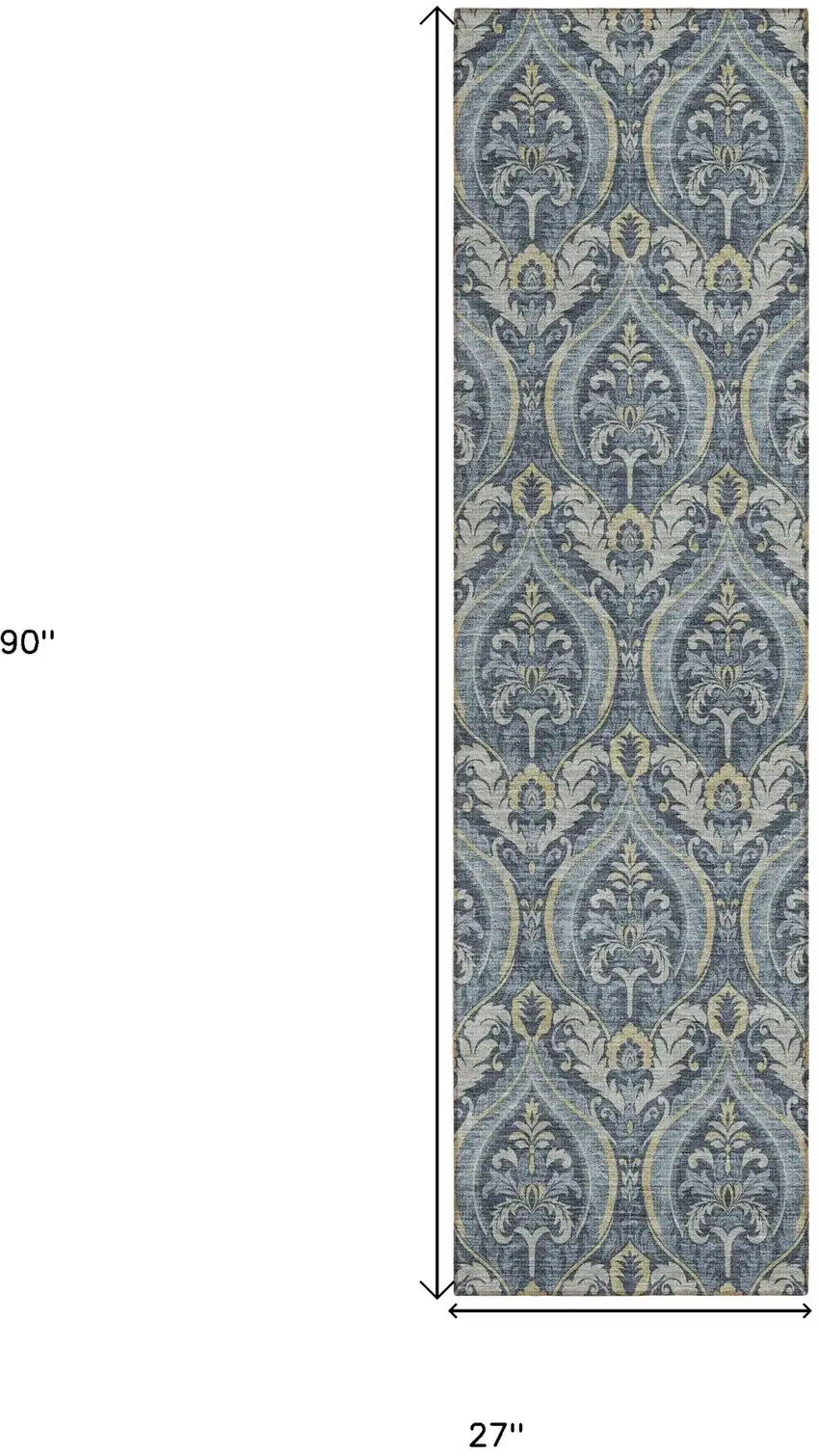 Blue and Cream Damask Washable Non Skid Indoor Outdoor Runner Rug Photo 3
