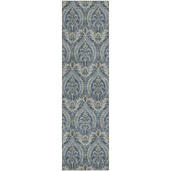 8' Runner Blue and Cream Damask Washable Non Skid Indoor Outdoor Runner Rug Photo 2