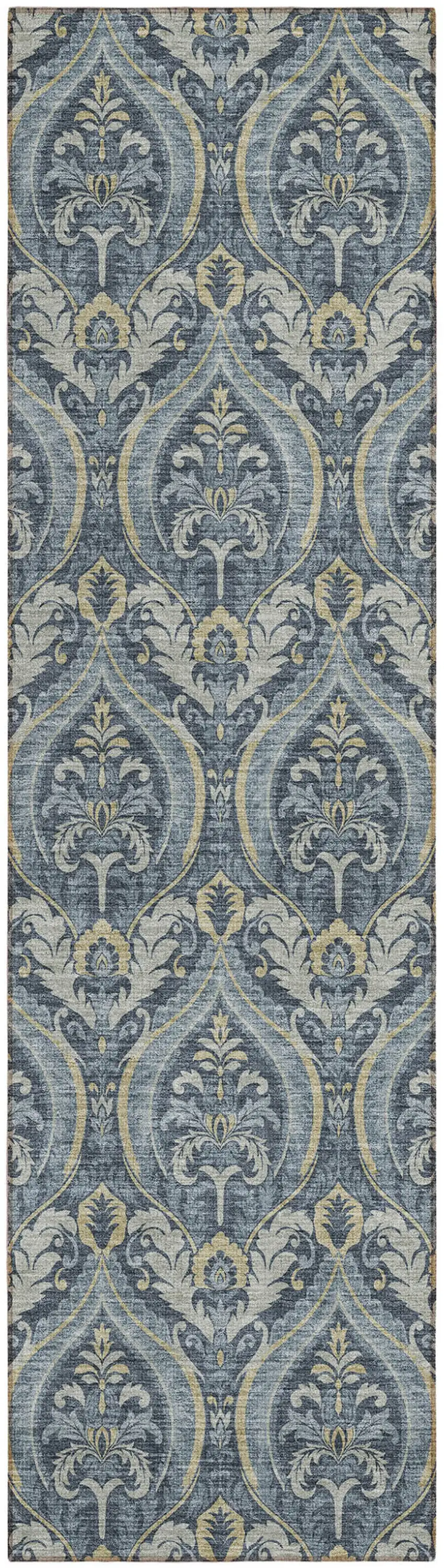8' Runner Blue and Cream Damask Washable Non Skid Indoor Outdoor Runner Rug Photo 2