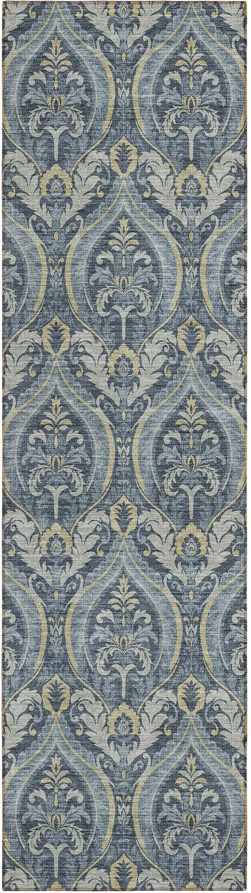 8' Runner Blue and Cream Damask Washable Non Skid Indoor Outdoor Runner Rug Photo 2