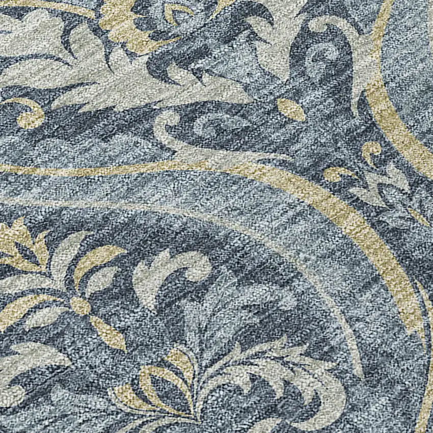 Blue and Cream Damask Washable Non Skid Indoor Outdoor Runner Rug Photo 8
