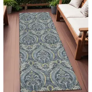 Photo of 8' Runner Blue and Cream Damask Washable Non Skid Indoor Outdoor Runner Rug