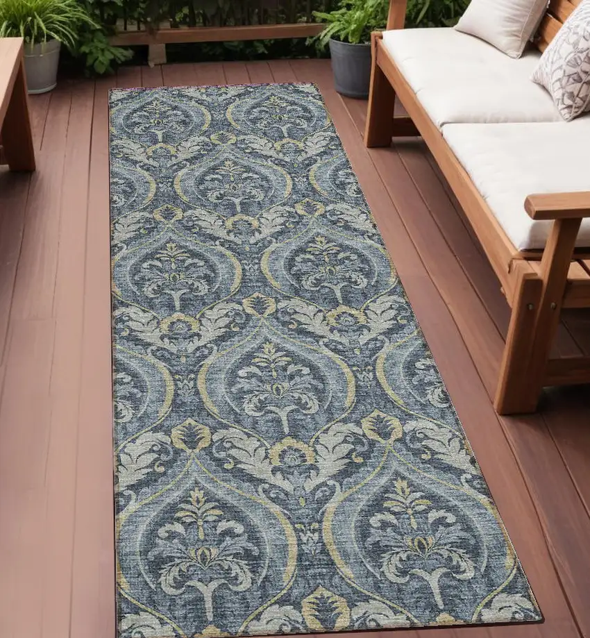 8' Runner Blue and Cream Damask Washable Non Skid Indoor Outdoor Runner Rug Photo 1