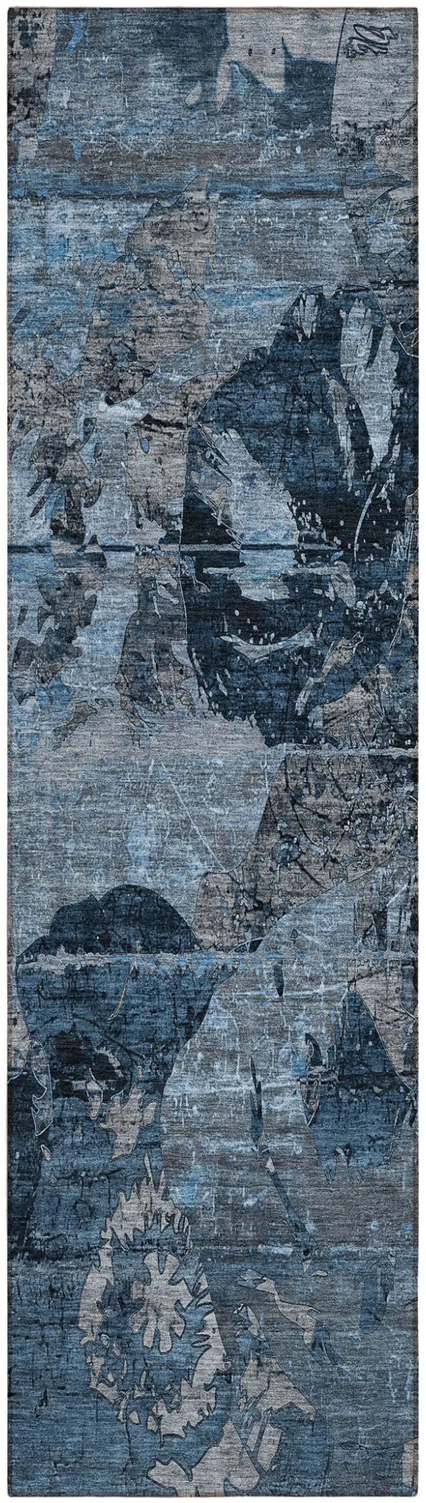 Blue and Dark Blue Abstract Washable Indoor Outdoor Runner Rug Photo 2