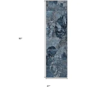 Photo of 8' Runner Blue and Dark Blue Floral Washable Non Skid Indoor Outdoor Runner Rug