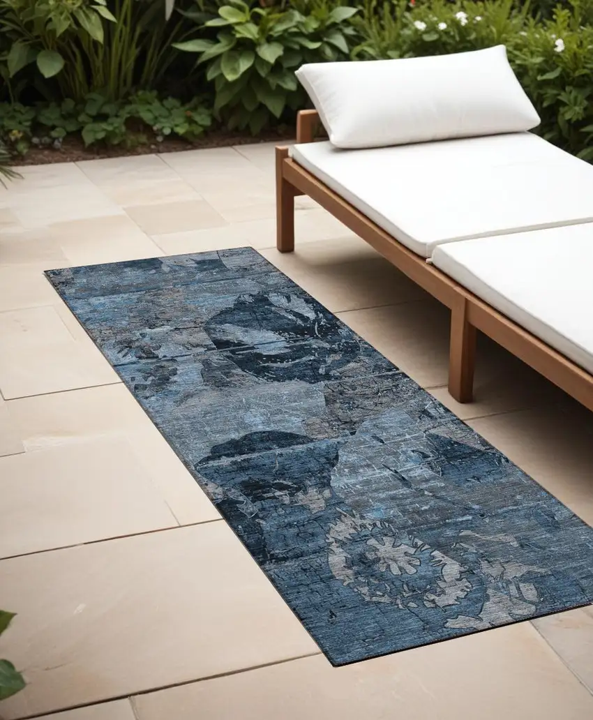 Blue and Dark Blue Abstract Washable Indoor Outdoor Runner Rug Photo 1