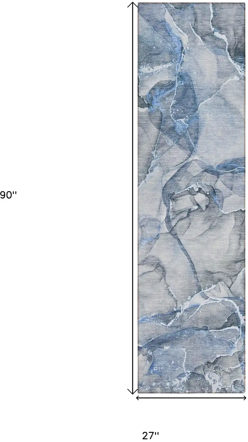 Blue and Gray Abstract Washable Non Skid Indoor Outdoor Runner Rug Photo 3