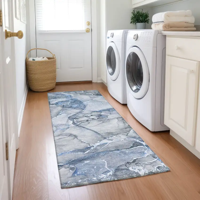 Blue and Gray Abstract Washable Non Skid Indoor Outdoor Runner Rug Photo 8