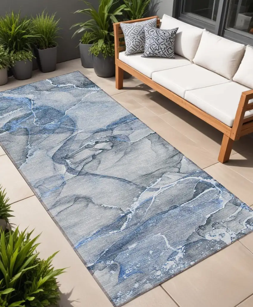 8' Runner Blue and Gray Abstract Washable Non Skid Indoor Outdoor Runner Rug Photo 1