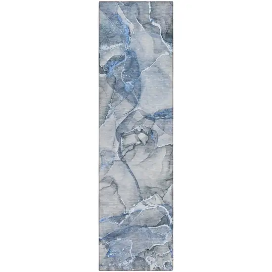 Blue and Gray Abstract Washable Non Skid Indoor Outdoor Runner Rug Photo 2