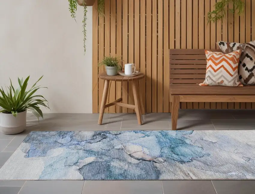 8' Runner Blue and Gray Abstract Washable Non Skid Indoor Outdoor Runner Rug Photo 1