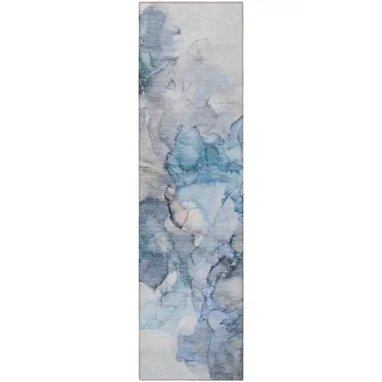 8' Runner Blue and Gray Abstract Washable Non Skid Indoor Outdoor Runner Rug Photo 5