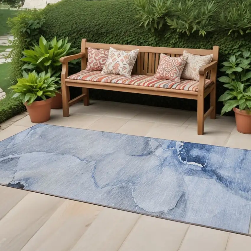 Blue Abstract Washable Indoor Outdoor Runner Rug Photo 1
