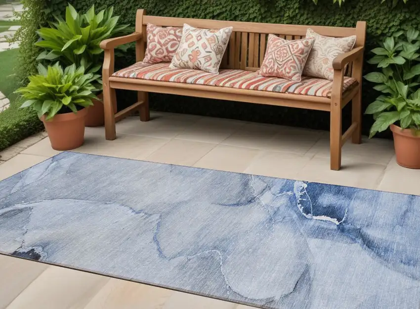 Blue Abstract Washable Indoor Outdoor Runner Rug Photo 1