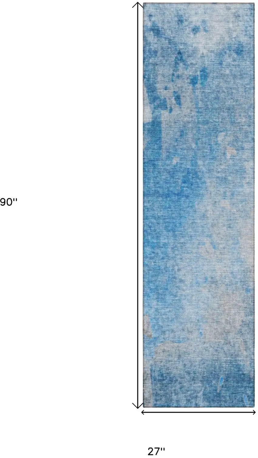 Blue and Gray Abstract Washable Non Skid Indoor Outdoor Runner Rug Photo 3
