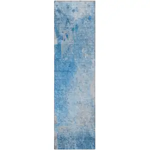 Photo of 8' Runner Blue and Gray Abstract Washable Non Skid Indoor Outdoor Runner Rug