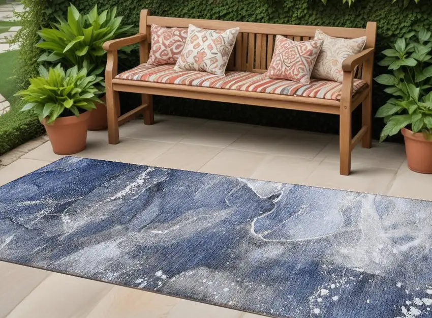 8' Runner Blue and Gray Abstract Washable Non Skid Indoor Outdoor Runner Rug Photo 1