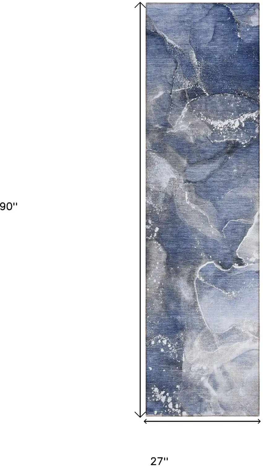 Blue and Gray Abstract Washable Non Skid Indoor Outdoor Runner Rug Photo 3