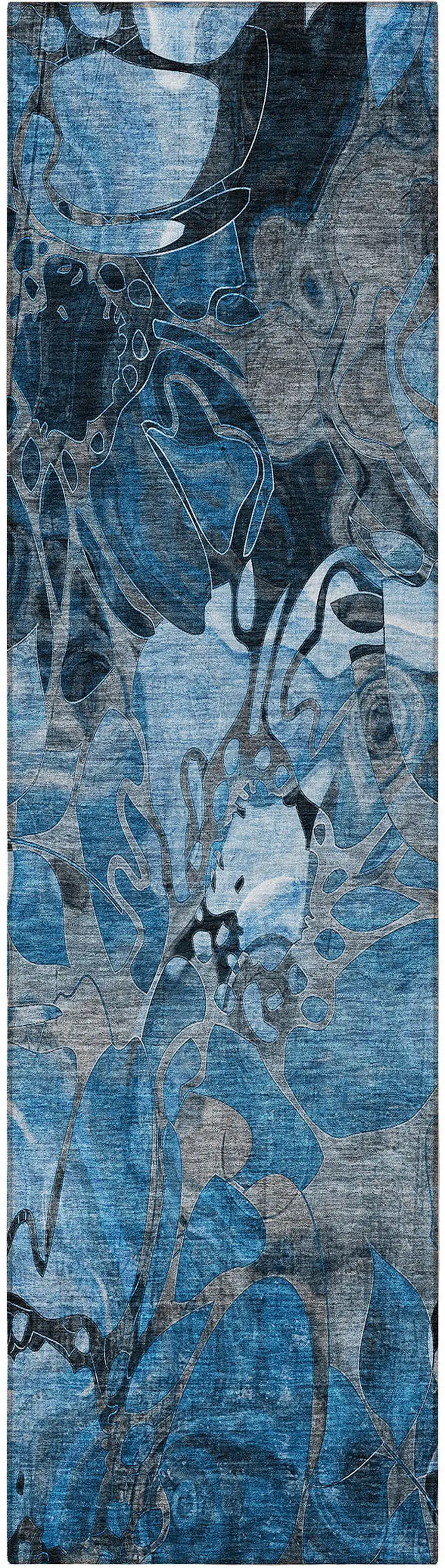 8' Runner Blue and Gray Floral Washable Non Skid Indoor Outdoor Runner Rug Photo 2