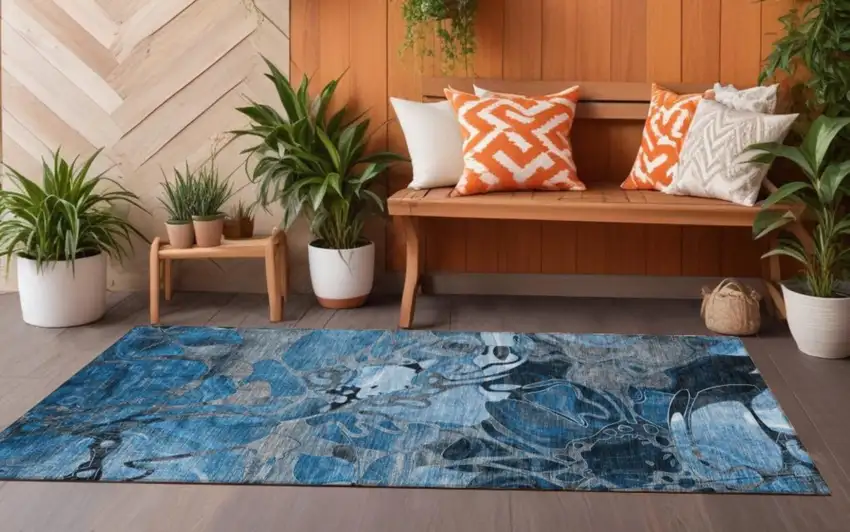 Blue and Gray Abstract Washable Indoor Outdoor Runner Rug Photo 1