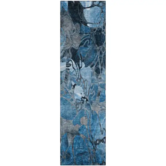8' Runner Blue and Gray Abstract Washable Indoor Outdoor Runner Rug Photo 1